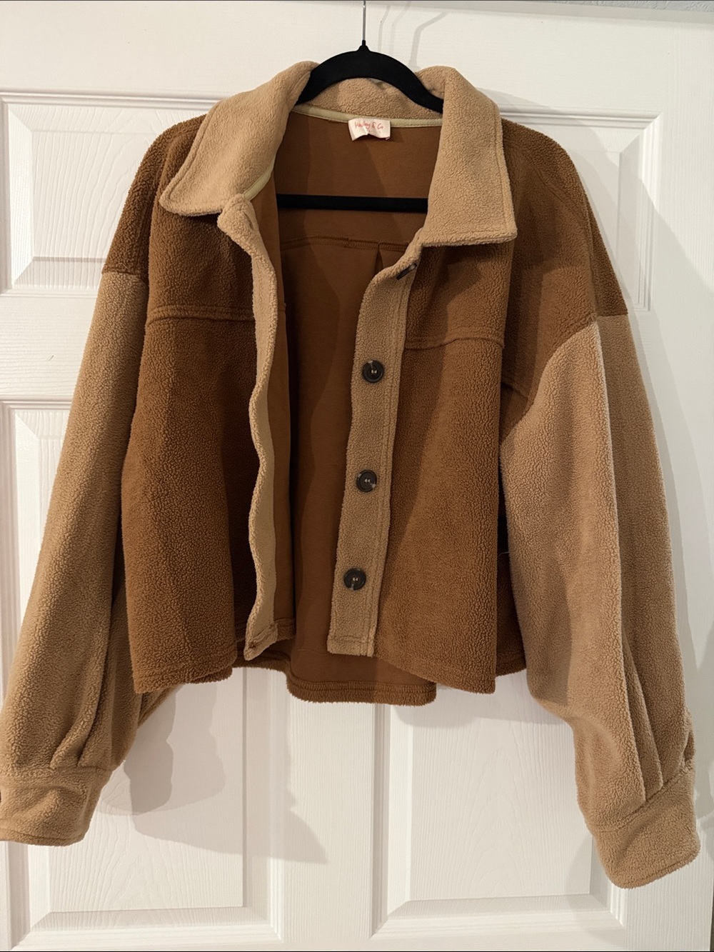 Two-Tone Tan & Brown Teddy Jacket - Cozy Button-Front Outerwear
